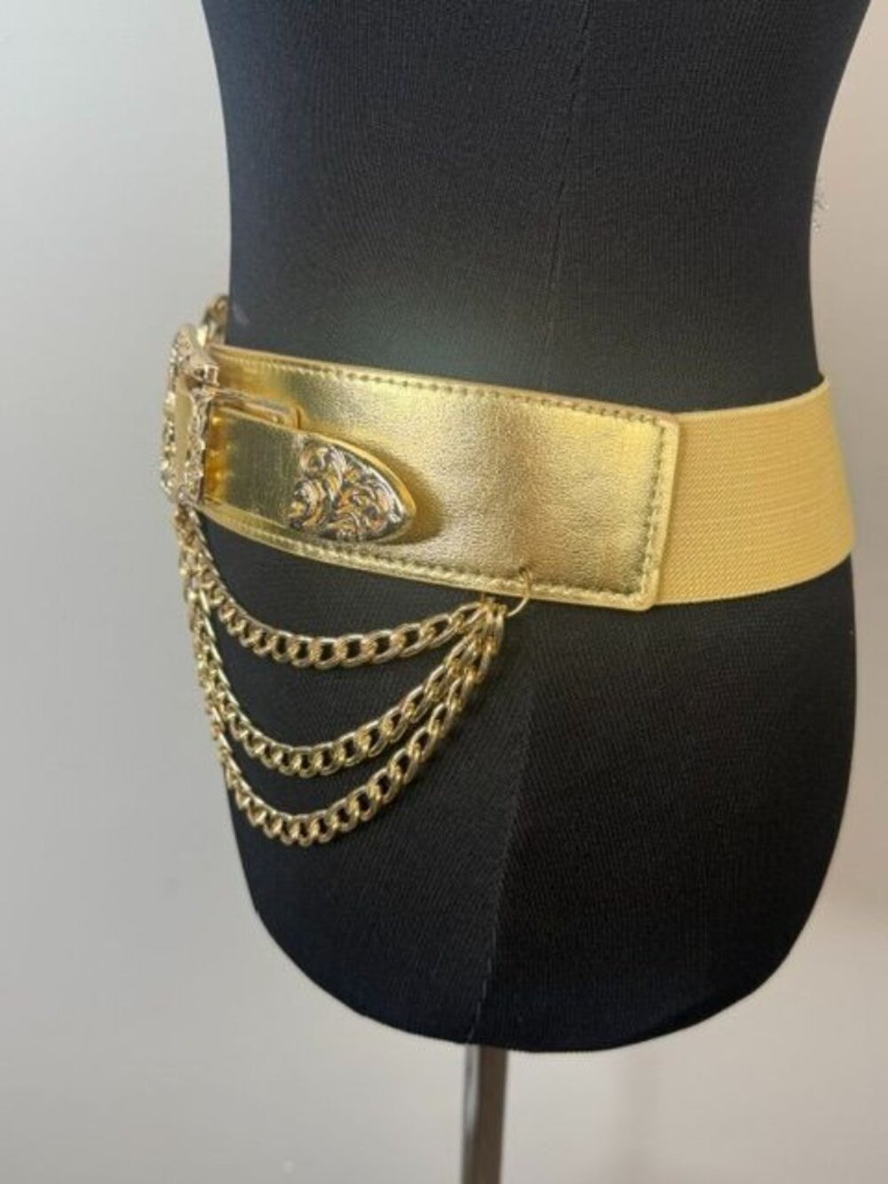 Gold Metallic Double Buckle Stretch Back Waist Belt with 3 Chain Detail - Picture 4 of 7